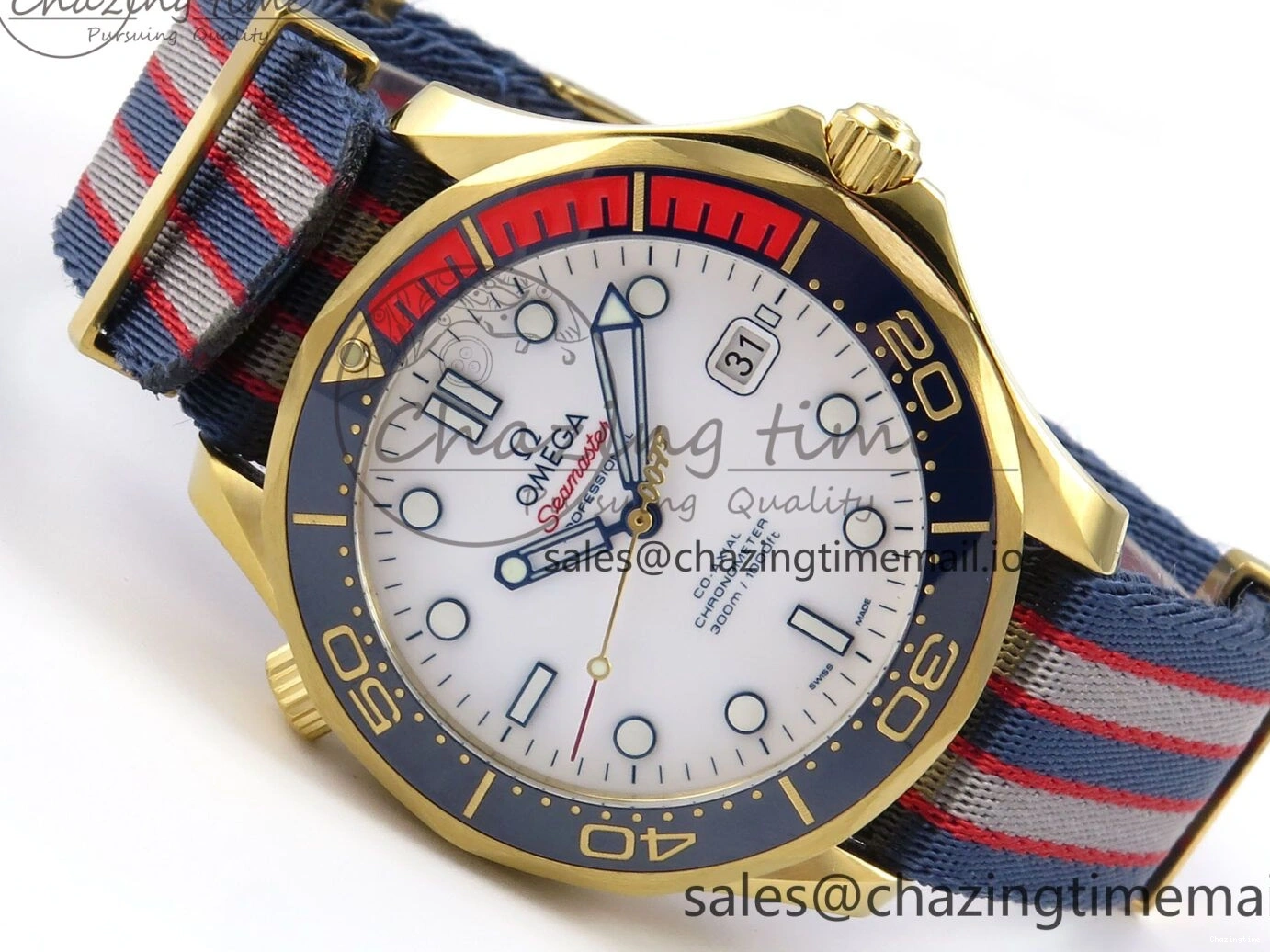 0408 Seamaster 300m Diver YG OMF 1:1 Best Edition Blue Orange Ceramic White Dial on Blue Nato Strap A Colorful 7704